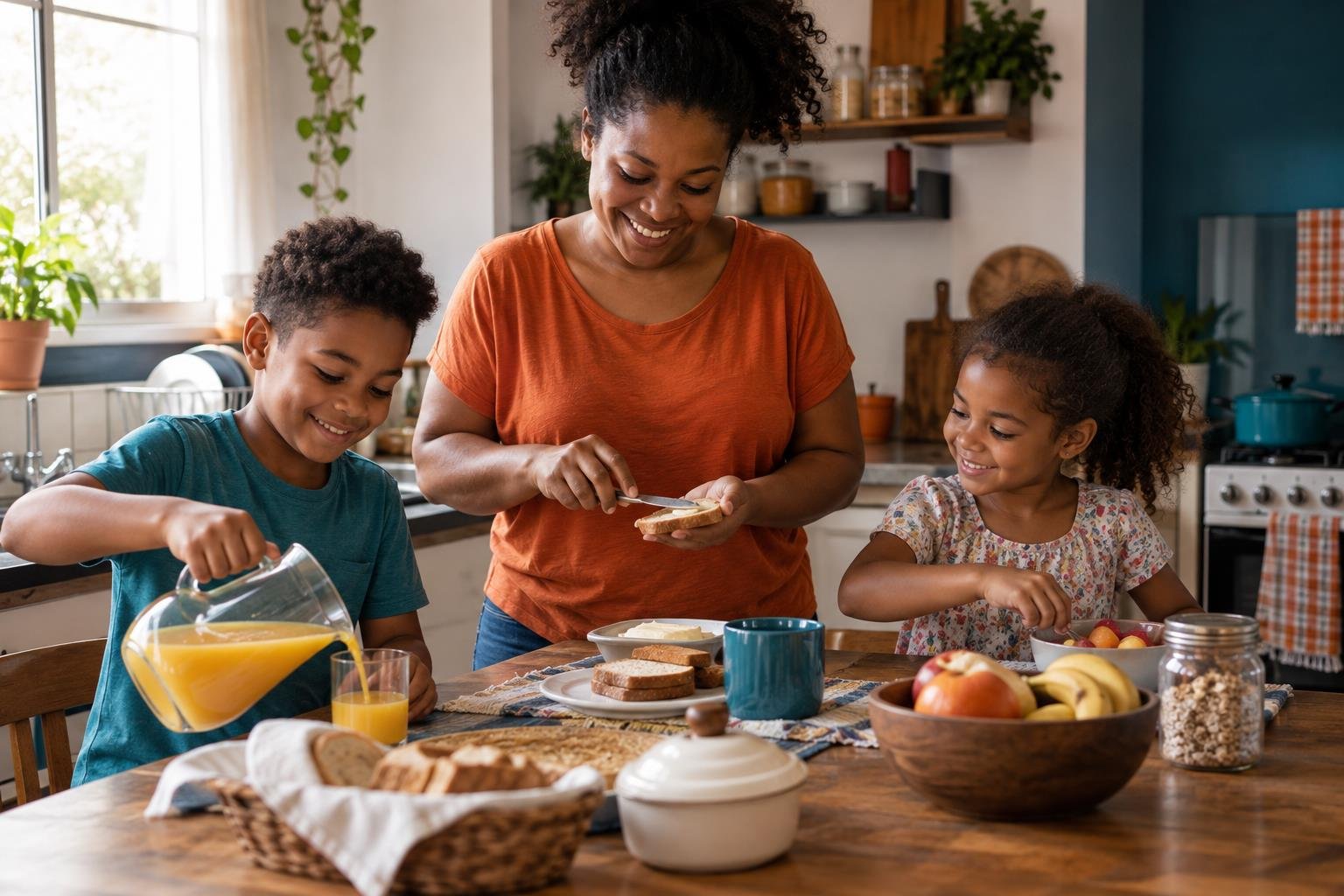 Mãe preparando o café da manhã com os filhos
