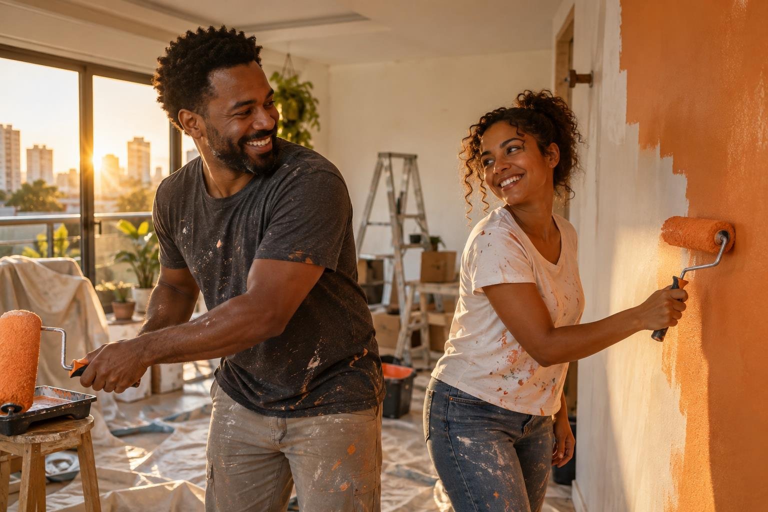 Casal pintando uma parede durante a reforma de casa